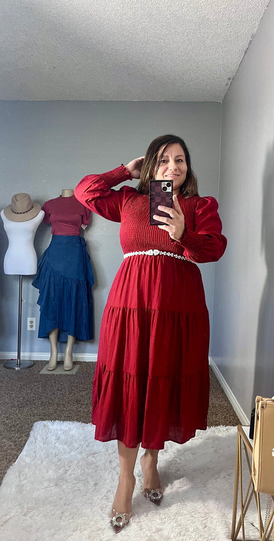 Burgundy dress.